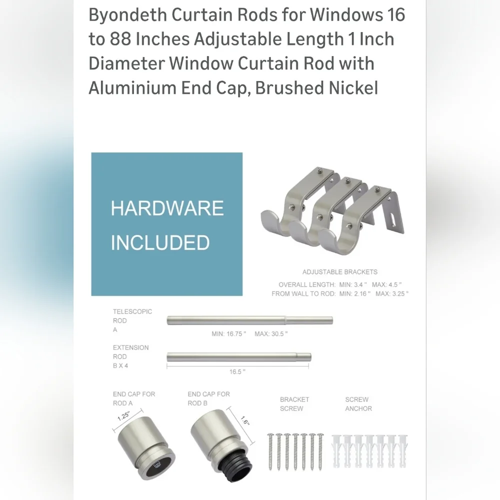 Adjustable Brushed Nickel Curtain Rod. Adjusts From 16